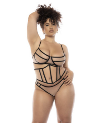 Ensemble 3 pièces noir et chair grande taille, soutien gorge avec armatures, serre taille et string 